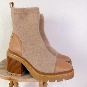 Sam Edelman Academia Old Money Rozanna Lug Sole Leather Knit Boots Tan 8.5 NWT